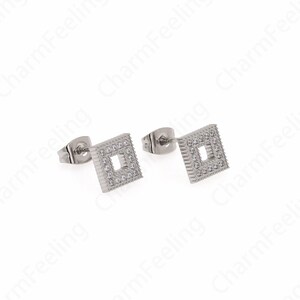 Encantos de brinco cheios de prata, brincos quadrados, brincos de aço inoxidável, brincos simples micropave cz, suprimentos de joias diy, 8x8x2mm