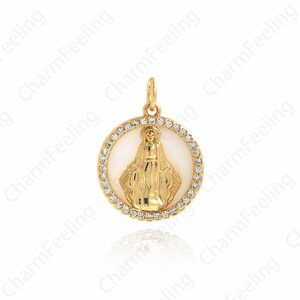18K Gold Filled Round Virgin Mary Medal Coin Necklace,Micropavé CZ Virgin Mary Charm,  Virgin Mary Charm 21x16x2.7mm