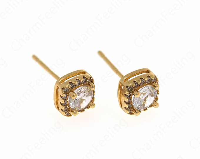 1 Pair,Square Stud Earrings, Micropavé Zircon Earrings, 18K Gold Filled Rectangle Earrings, Pierced Earrings, DIY Jewelry Supplies,7.3x4.6mm