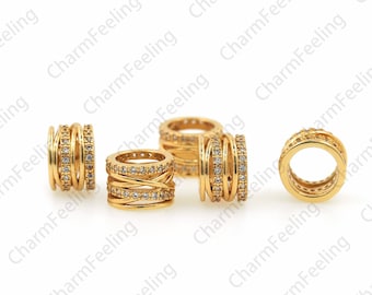 Micropavé CZ Bucket Beads, Gold Tube Beads, Large Hole Beads, Cubic Zirconia Beads, DIY Beaded Accessories 10x6.7mm, Hole 8mm