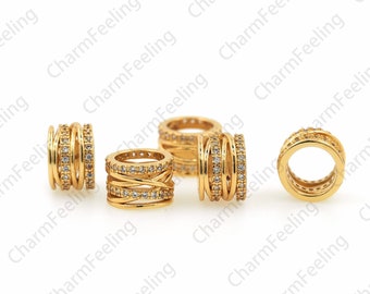 Micropavé CZ Bucket Beads, Gold Tube Beads, Large Hole Beads, Cubic Zirconia Beads, DIY Beaded Accessories 10x6.7mm, Hole 8mm