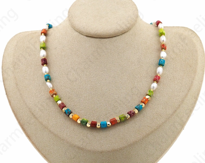 Beaded Necklace, 18K Gold Filled Round Pendant Necklace, Pearl Necklace, Gift For Her, Pearl Jewelry, Gemstone Necklace, 43cm