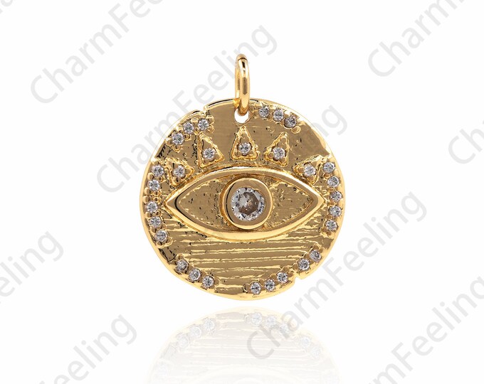 18K Gold Filled Disc Eye Necklace,Magic Eye Pendant,Lucky Eye Pendant,Eye Charm,Magic Eye Charm,Cubic Zirconia Jewelry 20x17x2.4mm