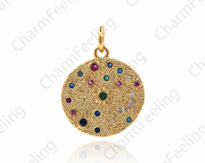 18K Gold Filled Disc Necklace,Micro-Pavé Star Charm,Moon Necklace,Star Pendant,Moon Star Charm,DIY Jewelry Accessories 21x16x2mm