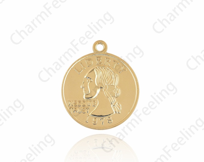 18K Gold Filled Portrait Coin Medallion Pendant, Medallion Necklace, Gold Coin Charm, Gold-Plated Ornaments 24x21x1.3mm 1pcs