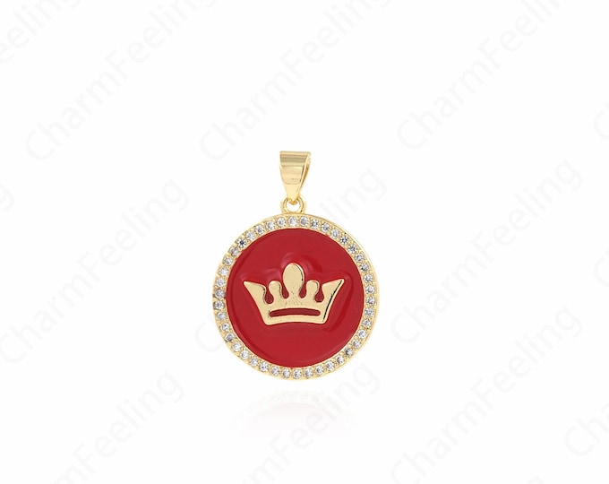 Enamel Charm, Crown Necklace, 18K Gold Filled Enamel Crown Pendant, Round Crown Pendant,DIY Jewelry Accessories 25x20x3mm