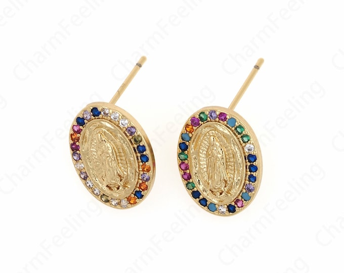 Virgin Earrings, 18K Gold Filling Oval Earrings, Micropavé CZ Catholic Earrings, Gifts for Her, Madonna Earrings, 14.3x11x3mm