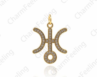 Micropavé Cubic Zirconia Geometric Necklace,18K Gold Uranus Pendant,C-Shaped Necklace Charm,DIY Jewelry Accessories 23.5x16.5x1.5mm