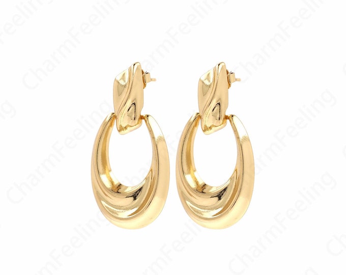 Oval Earrings, Drop Stud Earrings, 18K Gold Filled Bohemian Stud Earrings, Thick Gold Earrings, Gift for Her, 39.5x20.5x3.7mm