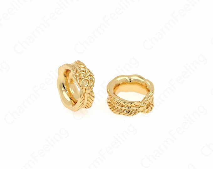 18K Gold Filled Leaf Spacer Beads, Micropavé CZ Large Hole Beads, Round Barrel Beads, DIY Bracelet Accessories, 11x4mm