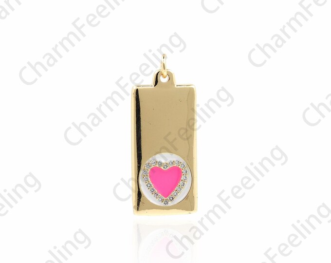 18K Gold Filled Rectangular Pendant, Heart-Shaped Necklace, Micropavé CZ Square Pendant, Enamel Charm, DIY Jewelry Accessories,31x12.5x2.2mm