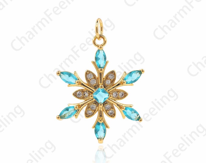Micropavé Cubic Zirconia Ice Crystal Pendant, Snowflake Necklace, Snowflake Charm, 18K Gold Filled Snow Pendant, Winter Charm 28x20x4mm