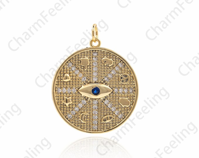 18K Gold Filled Eye Necklace, Micro-Pavé CZ Magic Eye Pendant, Lucky Eye Necklace, Eye Charm, DIY Jewelry Making Accessories 29x23x2mm