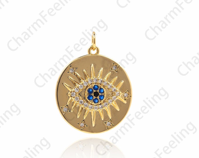 18K Gold Filled Eye Necklace, Micropavé CZ Round Magic Eye Pendant, Lucky Eye Charm, Round Pendant, Coin Charm 26x20x3.5mm