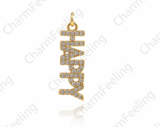 18K Gold Filled Long Necklace,Long Happy Pendant,Letter Pendant,Happy Necklace,Micropavé CZ Happy Charm,DIY Jewelry Accessories 24x6.5x1.7mm
