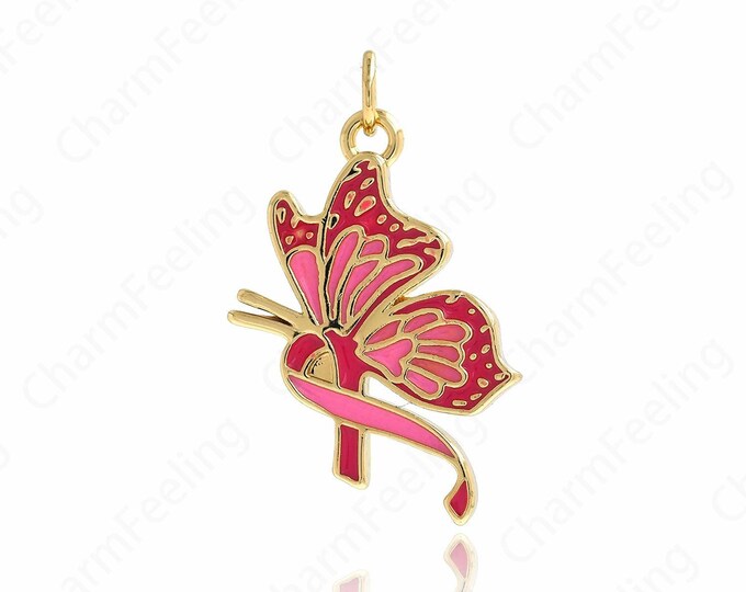 18K Gold Filled Butterfly Ribbon Pendant,Cancer Awareness Charm Bracelet Necklace for DIY Jewelry Making Supply,27.5x15x2.5mm