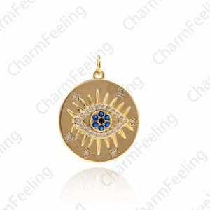 18K Gold Filled Eye Necklace, Micropavé CZ Round Magic Eye Pendant, Lucky Eye Charm, Round Pendant, Coin Charm 26x20x3.5mm