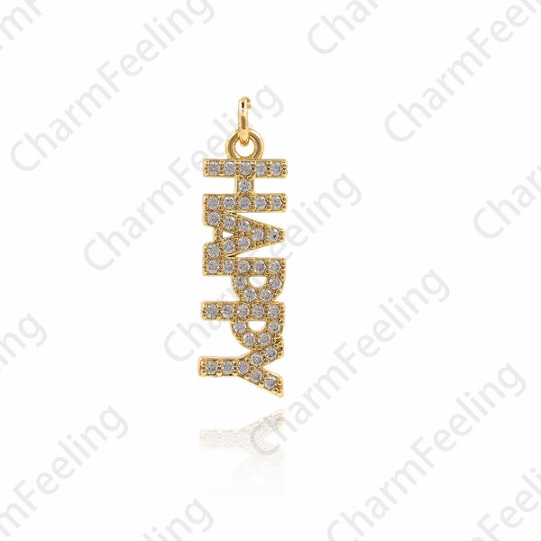 18K Gold Filled Long Necklace,Long Happy Pendant,Letter Pendant,Happy Necklace,Micropavé CZ Happy Charm,DIY Jewelry Accessories 24x6.5x1.7mm