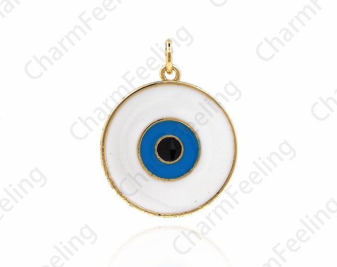 Enamel Eye Pendant, Filled Gold Enamel Eye Charm, Enamel Eye Jewelry, Coin Medal Eye Ornament 25x20x2mm 1pcs