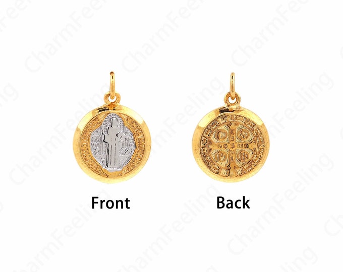 Religion Charm,Round Pendant,CSSML Benedictine Gold Medal Charm,18K Gold Filled Saint Benedict Cross Charm, 20x14.5x3.2mm