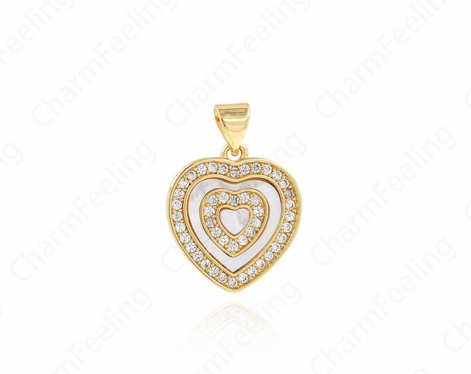 Shell Heart Necklace,18K Gold Filled Heart Shaped Charm, MicroPave CZ Heart Pendant,DIY Jewelry Making Supplies 22.5x16x2.5mm