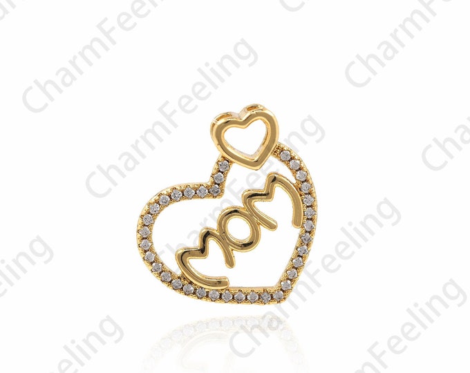 Mom Pendant, Heart Necklace, Micro Pave Mother Charm, Gift For Mother, Filled Gold Heart Charm 22x20x2.8mm 1pcs
