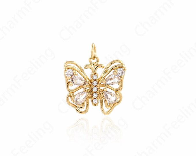 MicroPave CZ Butterfly, Butterfly Charm,Animal Charm, 18K Filled Gold Butterfly Pendant, Necklace Earring Component Supplies 21.5x19.5x4.5mm