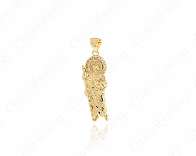 18K Gold Filled St.Jude Medallion Pendant,Micropavé CZ Gold Saint Jude Thaddeus Necklace,DIY Jewelry Supplies,34.5x11x2.5mm