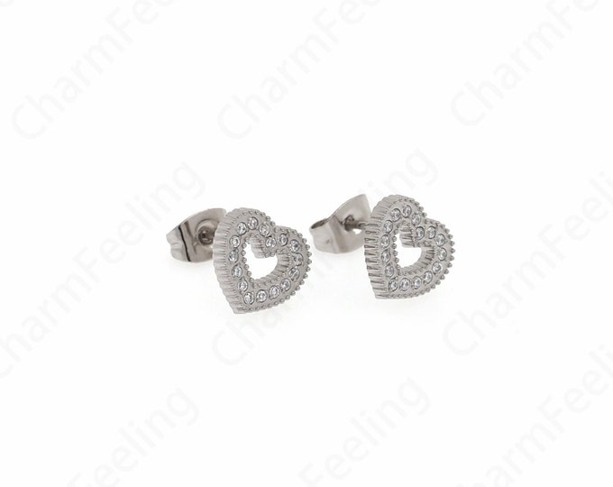 Micro pavé CZ Simple Earrings,  Silver Filled Love Earrings, Stainless Steel Earrings, Heart Earrings, DIY Jewelry Supplies,9x10x2mm