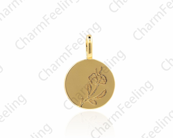 18K Gold Filled Round Coin Pendant,Rose Flower Pendant, Flower Charm, Coin Necklace, DIY Jewelry Accessories, 18x12x1.5mm