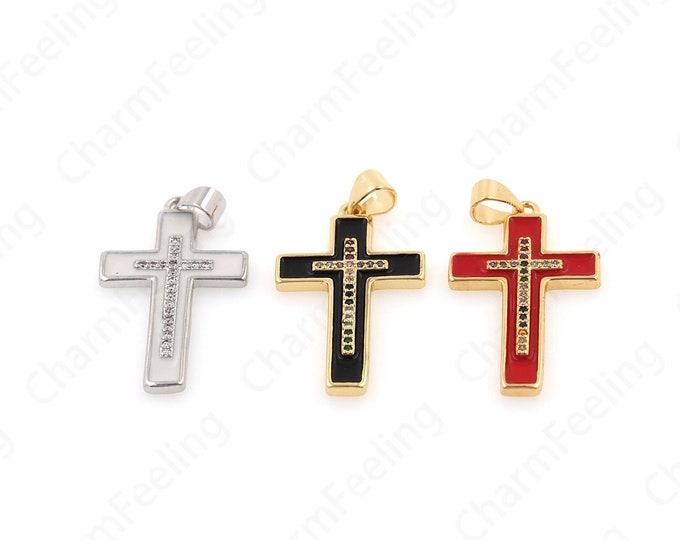 Enamel Cross Pendant,Micropavé CZ Cross Necklace,18K Gold Filled Cross Charm, Religious Charm, DIY Jewelry Making,34x16.5x2mm