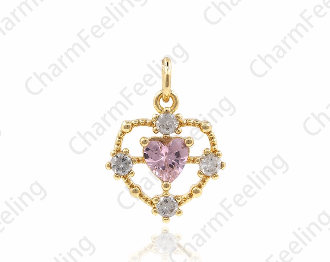 Filled Gold Hollow Heart Pendant, Pink Heart Charm, Heart Jewelry, Gift For Her, Pink Charm, DIY Jewelry Making Accessories 18.5x13x3mm 1pcs