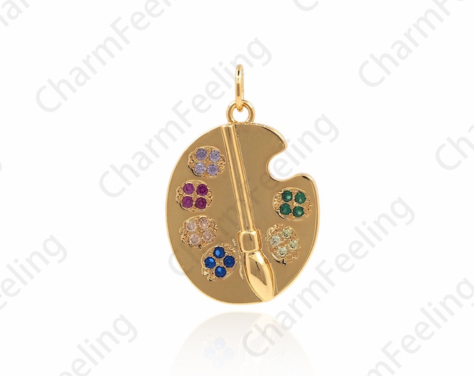 18K Gold Filled Micro-Pave Palette Pendant, Artist Charm, Painter Pendant, Palette Charm 25x16x3mm 1pcs