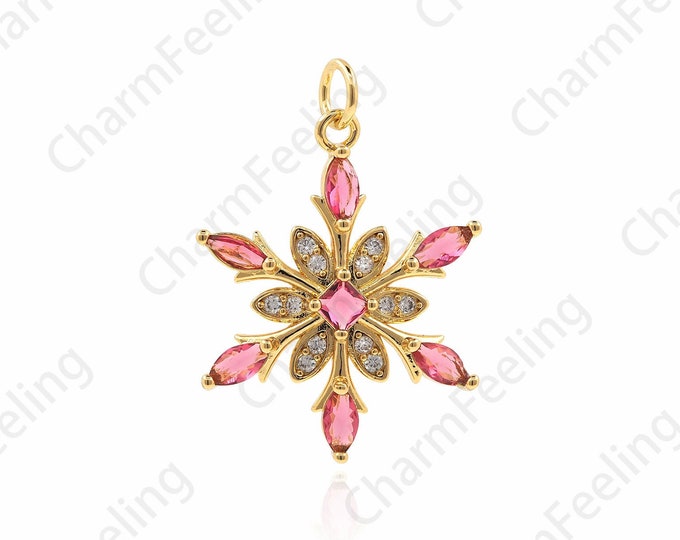 Enamel Ice Crystal Pendant, Micropavé CZ Snowflake Necklace, Frozen Charm, 18K Gold Filled Snow Pendant, Winter Enamel Pendant 28x20x4mm