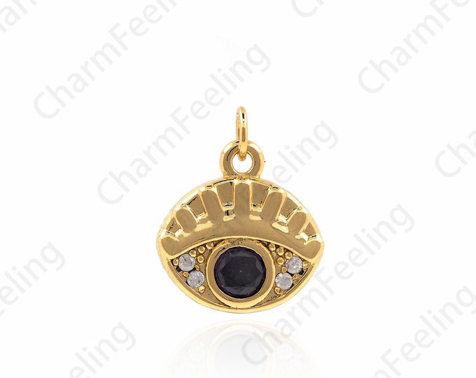 18K Gold Filled Eye Pendant, Lucky Eye Necklace Bracelet, Micropave Magic Eye Necklace, DIY Bracelet Necklace Making Supplies 15x12x3mm