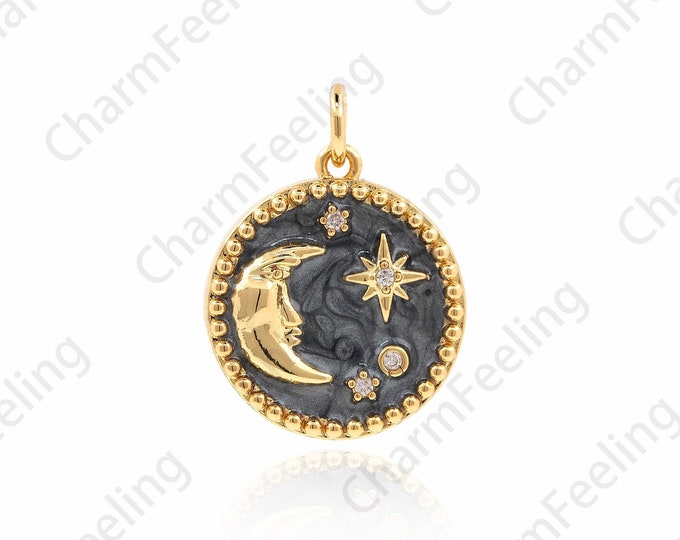 18K Gold Filled Round Necklace, Micropavé CZ Star Pendant, Round Universe Pendant, Crescent Pendant, Universe Charm,27x15.5x2.5mm