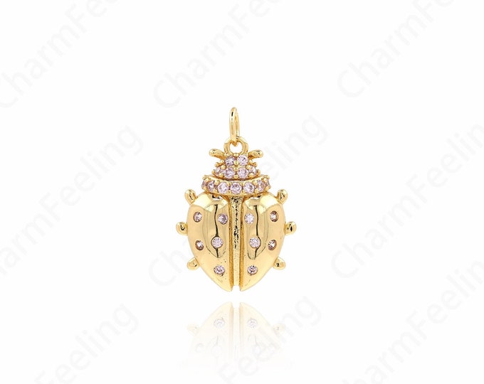 Micropavé CZ Ladybug Charms, Ladybug Pendant, 18K Gold Filled Beetle Necklace, Insect Charms, DIY Jewelry Supplies, 23x15.5x4mm