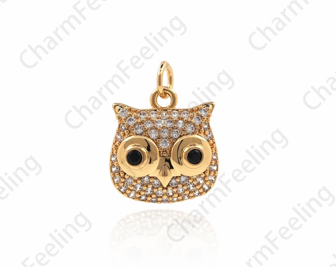 Micro-Pave Owl Pendant, Filled Gold Owl Charm Necklace, Animal Charm, DIY jewelry Making Accessories 14.5x11.5x3.8mm 1pcs
