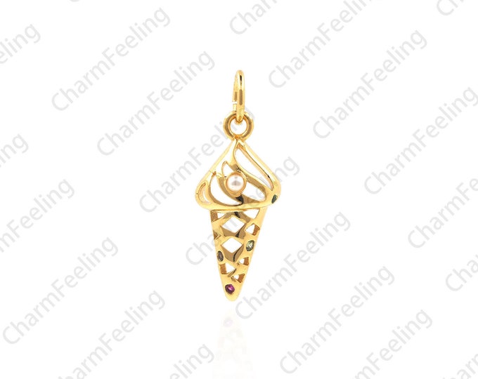 Ice Cream Charm,Cream Cone Pendant， Gold Filled Desert Pendant, For DIY Jewelry Making 21x7.9x4mm 1pcs