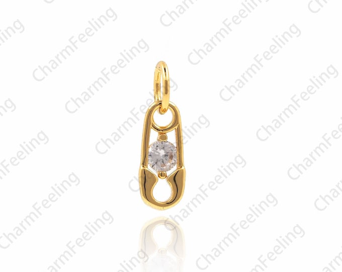 Gold safety pin pendant, CZ pin necklace, pin charms，DIY bracelet necklace earrings result 13x4.3x1.8mm 1pcs