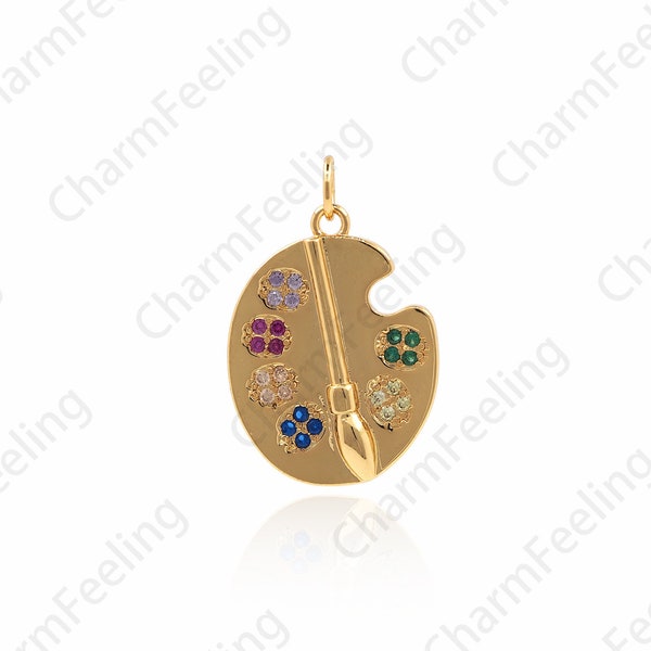 18K Gold Filled Micro-Pave Palette Pendant, Artist Charm, Painter Pendant, Palette Charm 25x16x3mm 1pcs