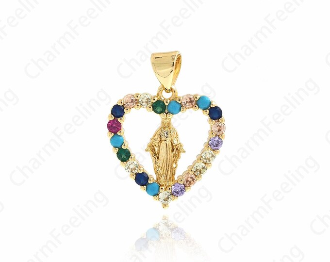 18K Gold Filled Heart-shaped Maria Necklace, Micropavé CZ Catholic Necklace, Virgin Mary Charm, DIY Jewelry Accessories, 22.7x17x2.7mm