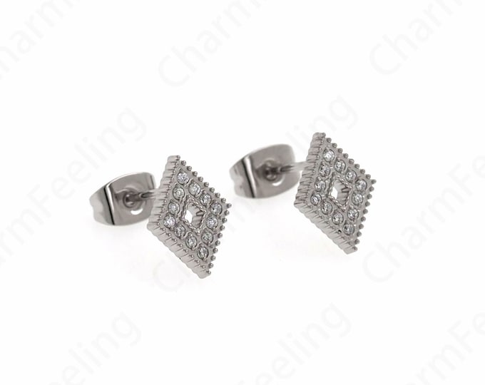 Silver Filled Rhombic Earring,Square Earrings,Stainless Steel Earrings,MicroPave CZ Simple Earrings,DIY Jewelry Supplies,7.5x10.5x1.5mm