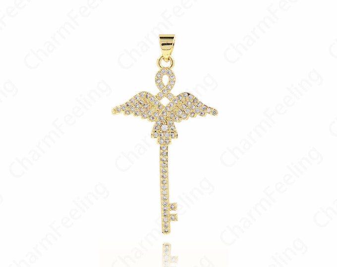 18K Gold Filled Flying Key Pendant, Micropavé CZ Key Necklace, Key Charm, Wing Charm, DIY Jewelry Making Supplies, 42x22.3x2.5mm