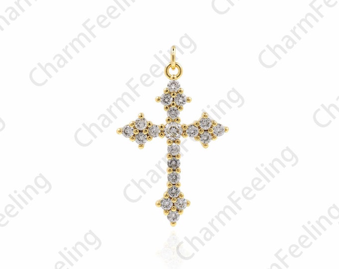 18K Gold Filled Cross Pendant, Micropavé CZ Cross Necklace, Cross Charm, Religious Charm,Christian Charm, DIY Jewelry Accessories, 34x21x3mm