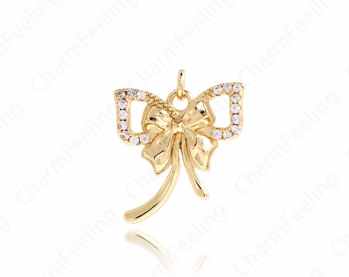 Gold Bow Necklace, Bow Pendant, Micropavé CZ Knot Charm, 18K Gold Filled Bow Charm, DIY Jewelry Supplies, 21x16.5x3mm