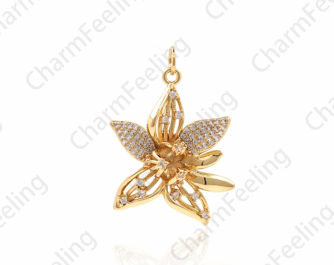 Orchid Pendant, Pave orchid, Flower Charm, Orchid Charm, DIY Jewelry Making Accessories 31x20.8x7.8mm 1pcs