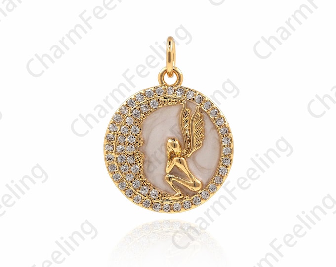 18K Gold Filled Angel Necklace, Micropavé CZ Moon Pendant, Angel Wing Necklace, Angel Charm, DIY Jewelry Accessories 21x16x2.5mm