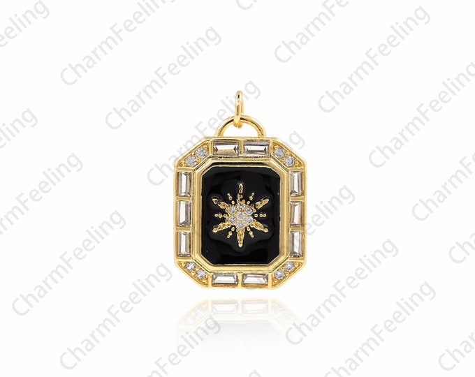 18K Gold Filled Rectangular Polaris Pendant, Micropave CZ Enamel Star Necklace, Enamel Charm, Medal Pendant, Polaris Charm, 26x17x4mm