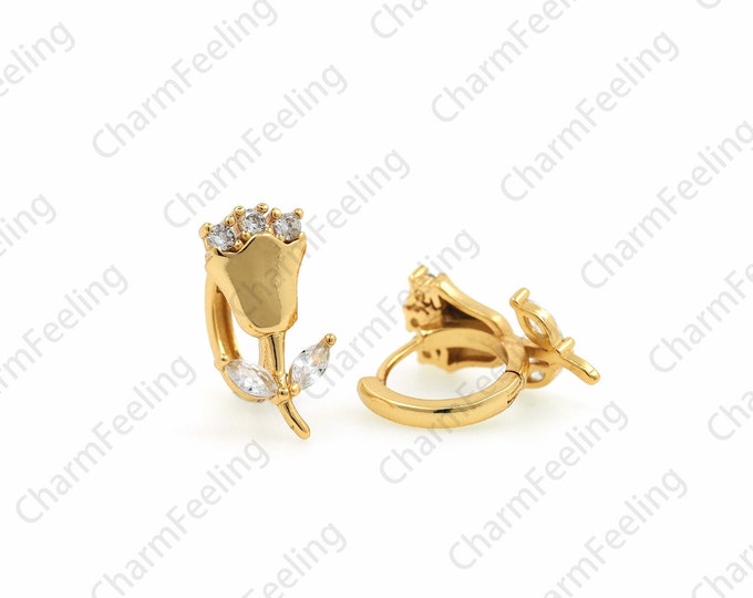 1 Pair, 18K Gold Filled Flower Earrings, Flower Charm, Micropavé CZ Plant Earrings, Plant Charm, Stamp Earrings, 19x14x10mm